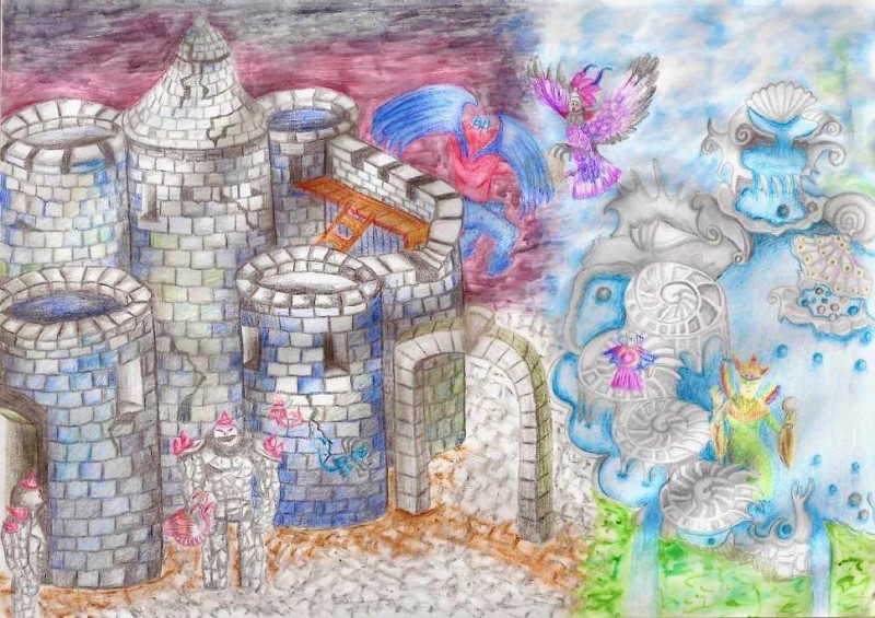 Hand-drawn in paper with color pencil, oil pastels and gouache.